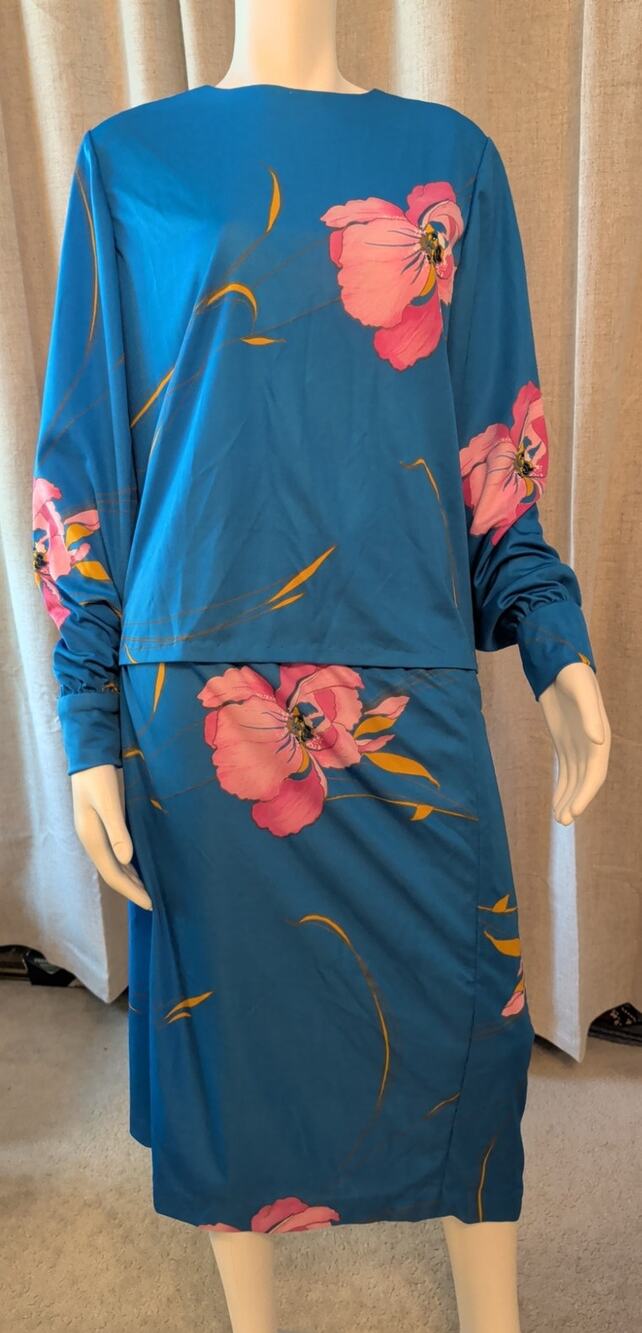 Vintage 90s Custom Made Matching Skirt Set Top Blue Bold Pink Floral Size XL USA